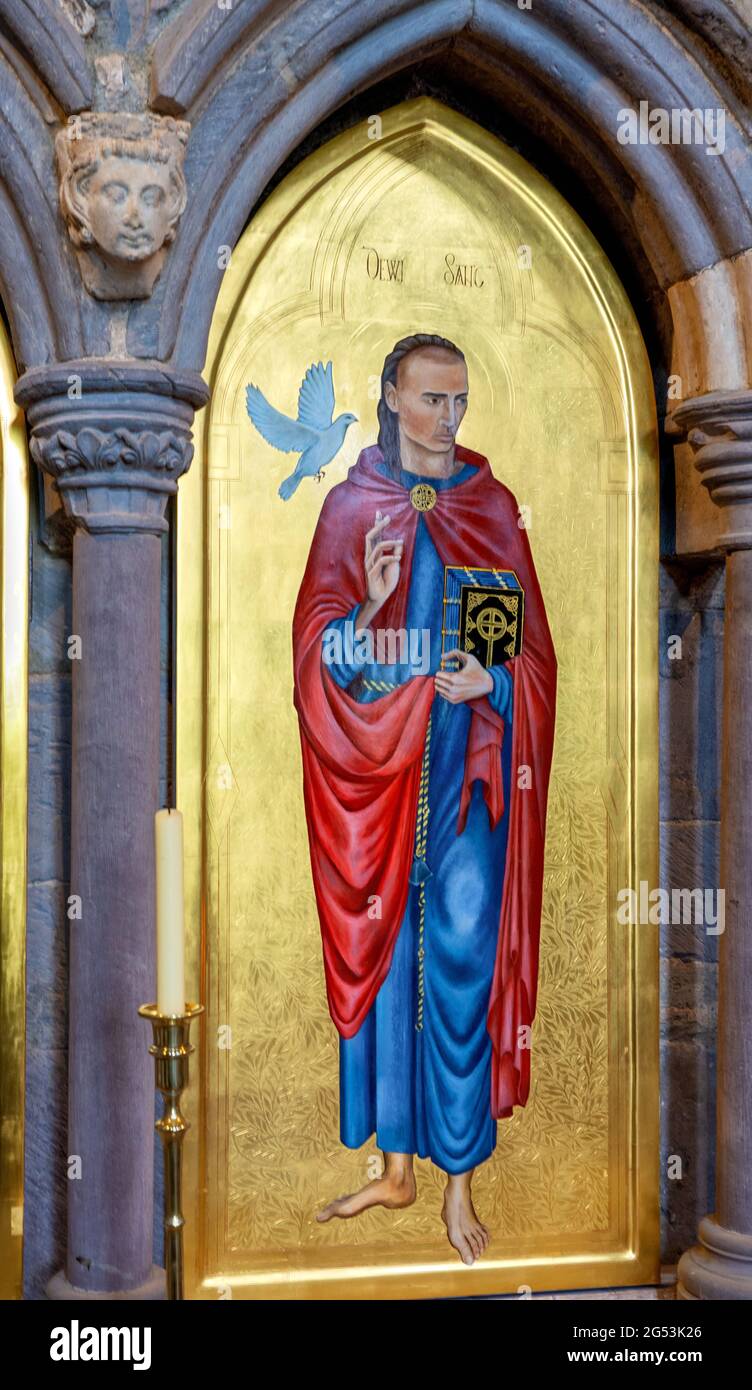 Icon of St David or Dewi Sant in a niche of St David's shrine in St David's cathedral Pembrokeshire South Wales UK Stock Photo