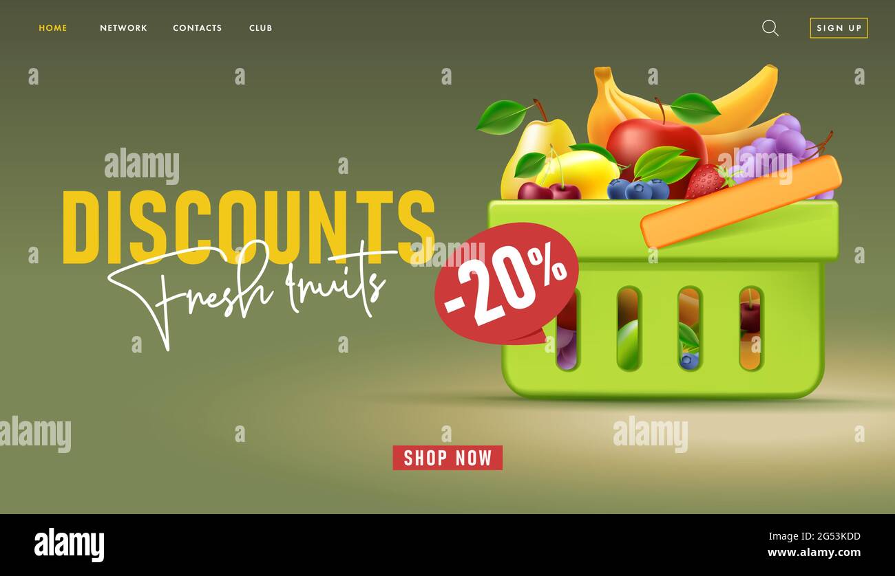 Web banner for supermarket landing page with 3d illustration of shopping basket full of fruits with discount Stock Vector