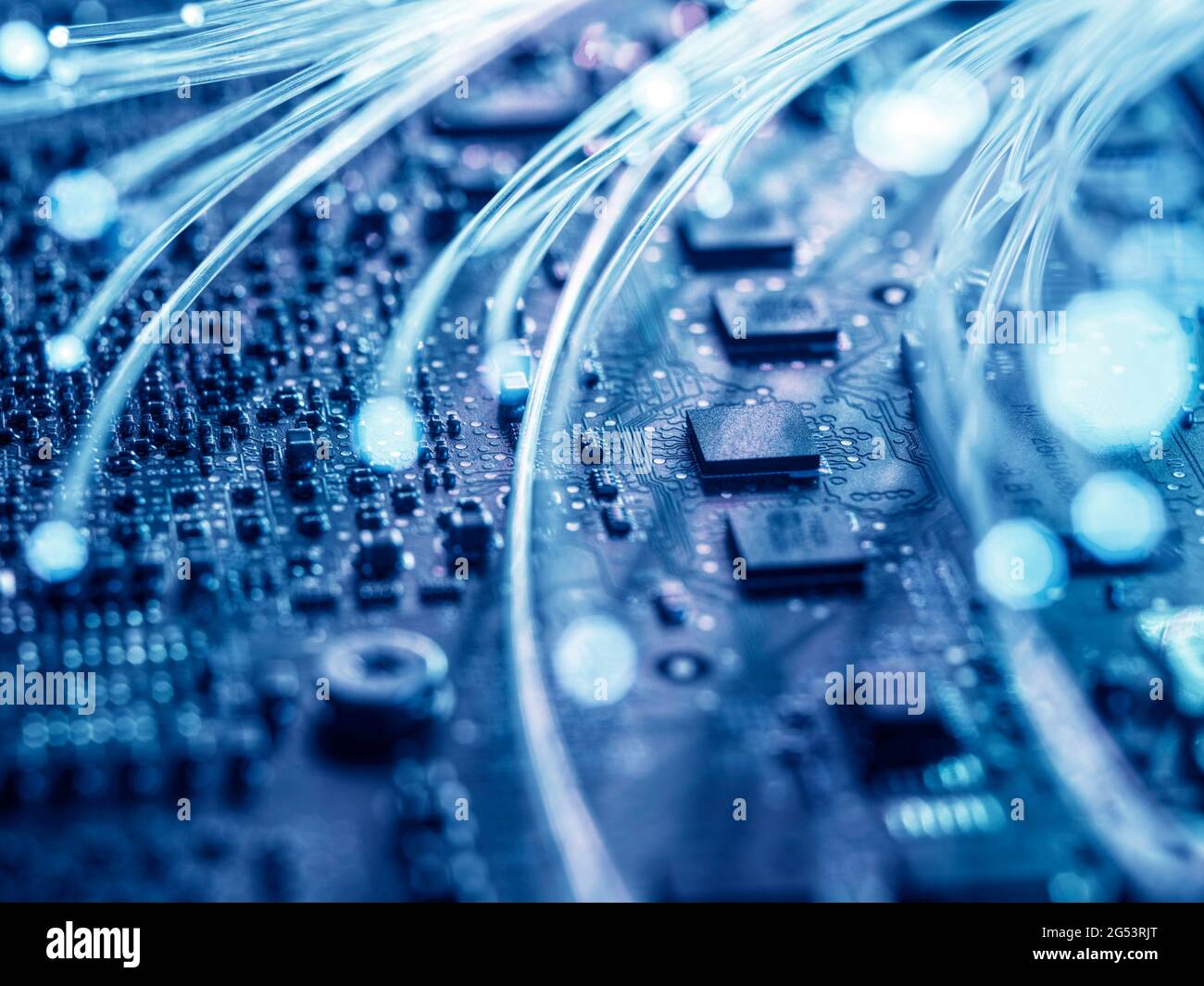 UK, Bucks, High Wycombe, Optical fibers on mother board Stock Photo