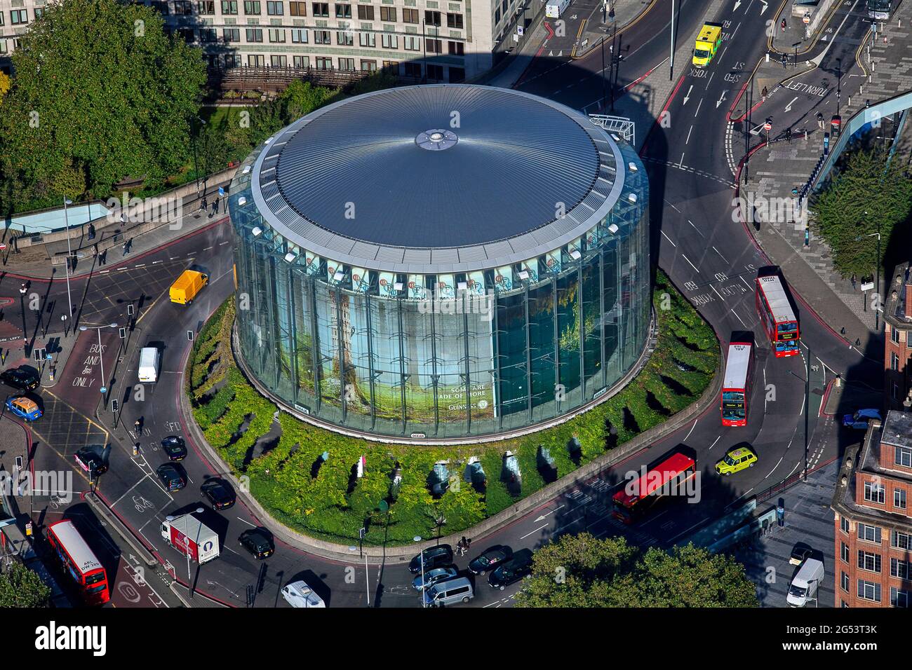 UK, London, Aerial view of Odeon BFI IMAX cinema and traffic circle in Waterloo Stock Photo