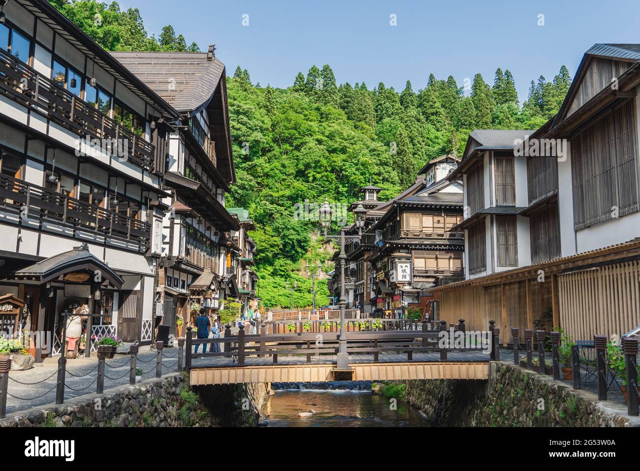 Famous Ginzan Onsen Street, a hot spring town nestled in the mountains of Yamagata Prefecture. Stock Photo