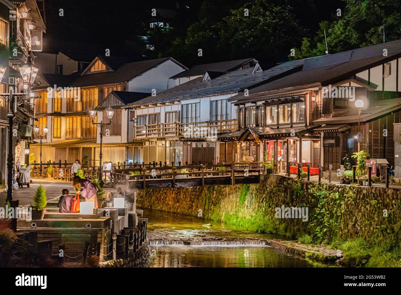 Famous Ginzan Onsen Street light up at night, hot spring town nestled in the mountains of Yamagata Stock Photo