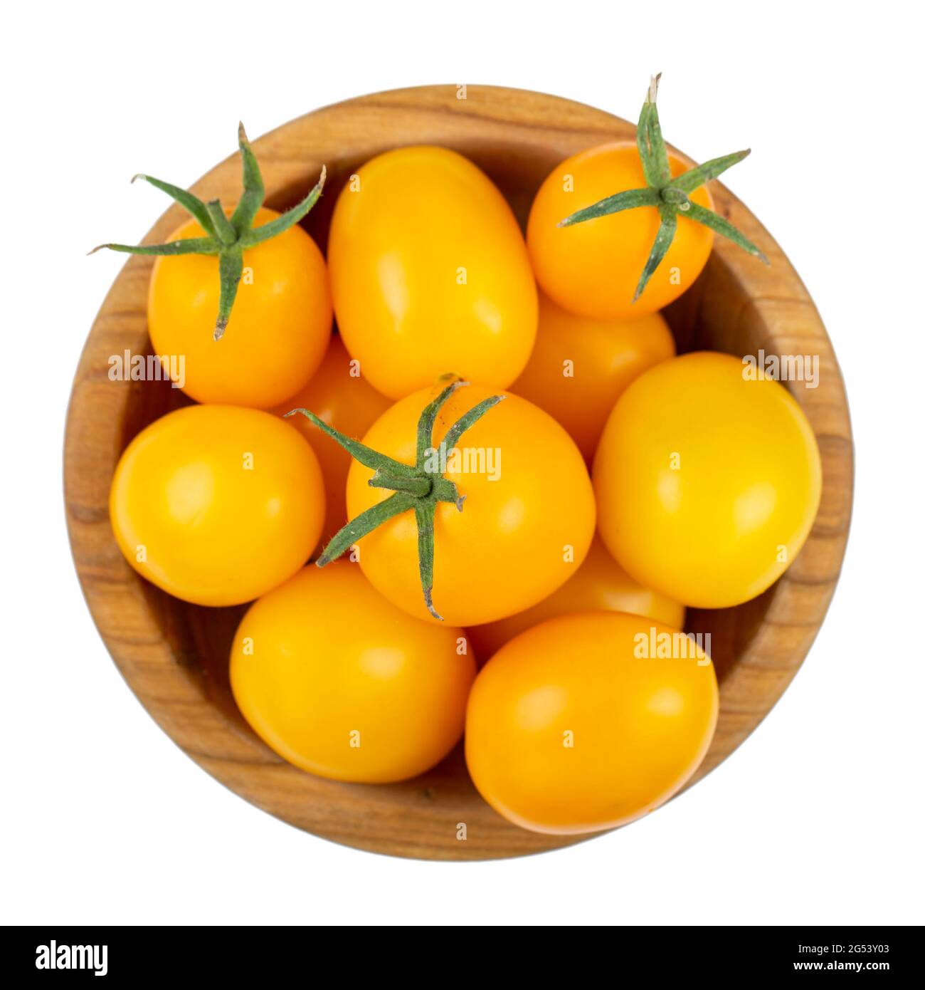 Yellow tomatoes in a bowl isolated on white background. Diet food