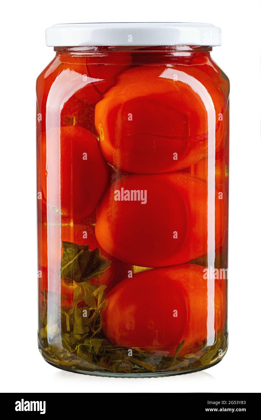 Closed glass tin can with canned tomatoes isolated on white background