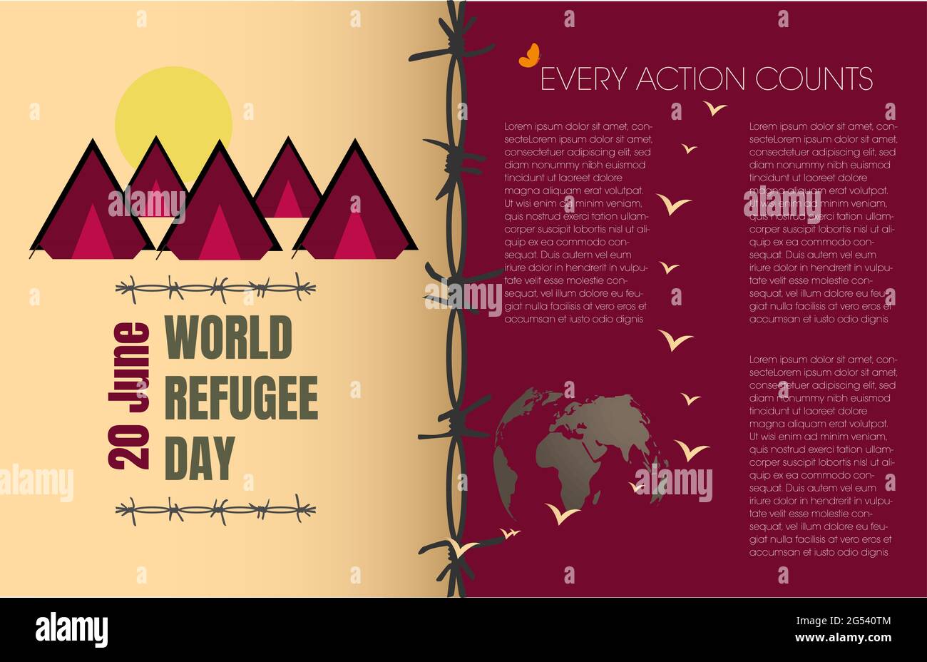 International refugee day with icons of tents and barbed wire , right copyspace .Colors in earth tones and reddish tones. Slogan all action counts  Ve Stock Vector