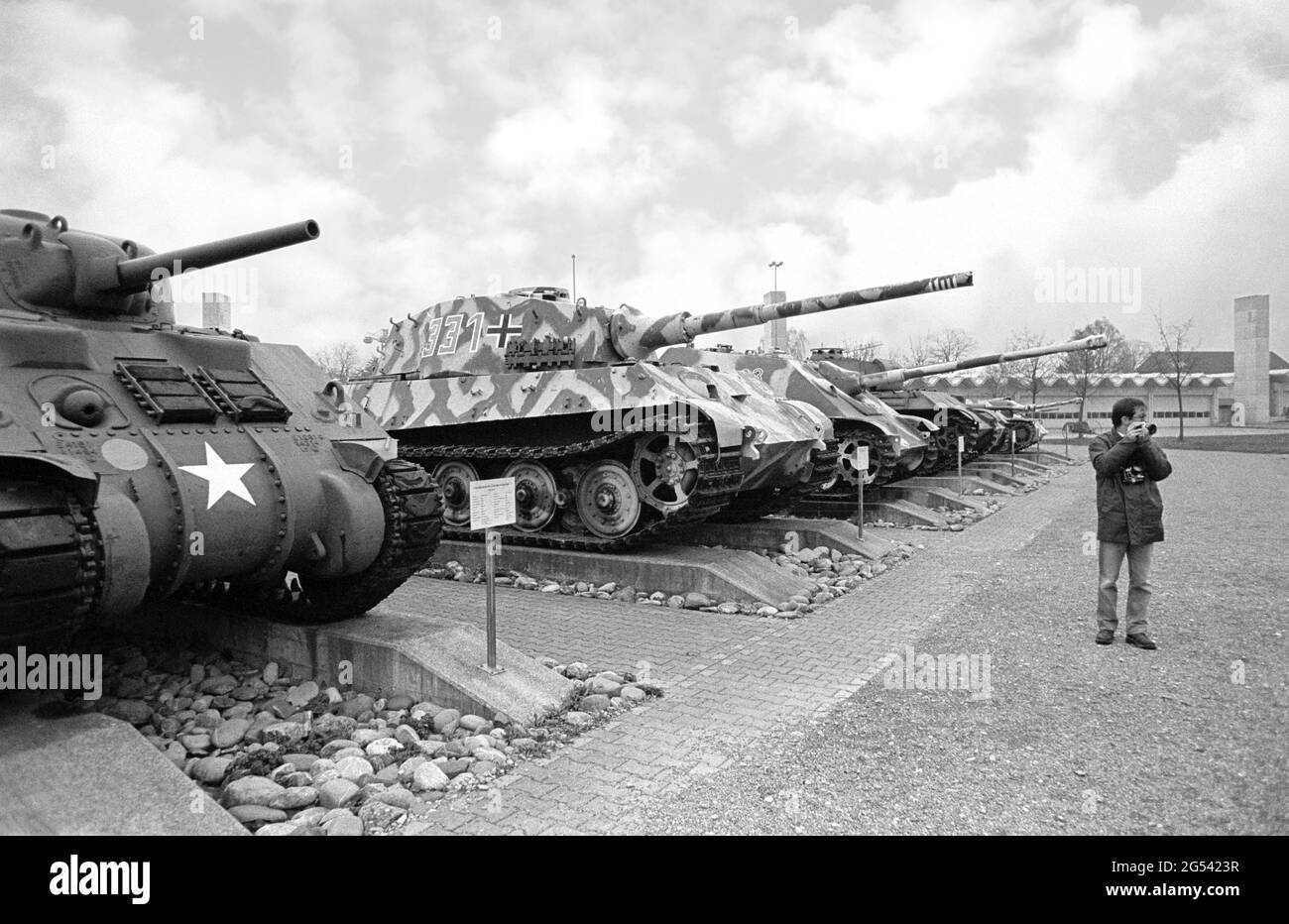 Switzerland, the tank museum in Thun (Bern), World War II tanks: US Army Sherman and German Panzer VI auf B Tiger II (Königstiger). Stock Photo