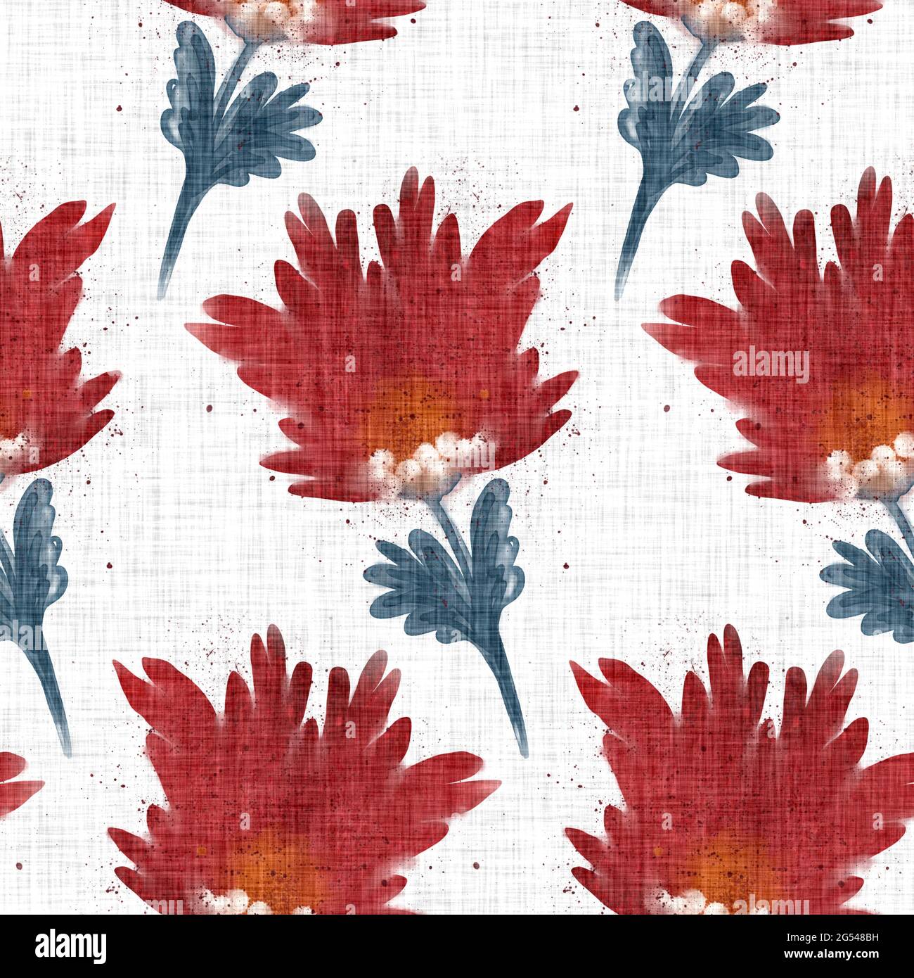 Watercolor red florals pattern texture. Hand painted whimsical seamless scandi style. Modern french farmhouse flower linen textile for shabby chic Stock Photo