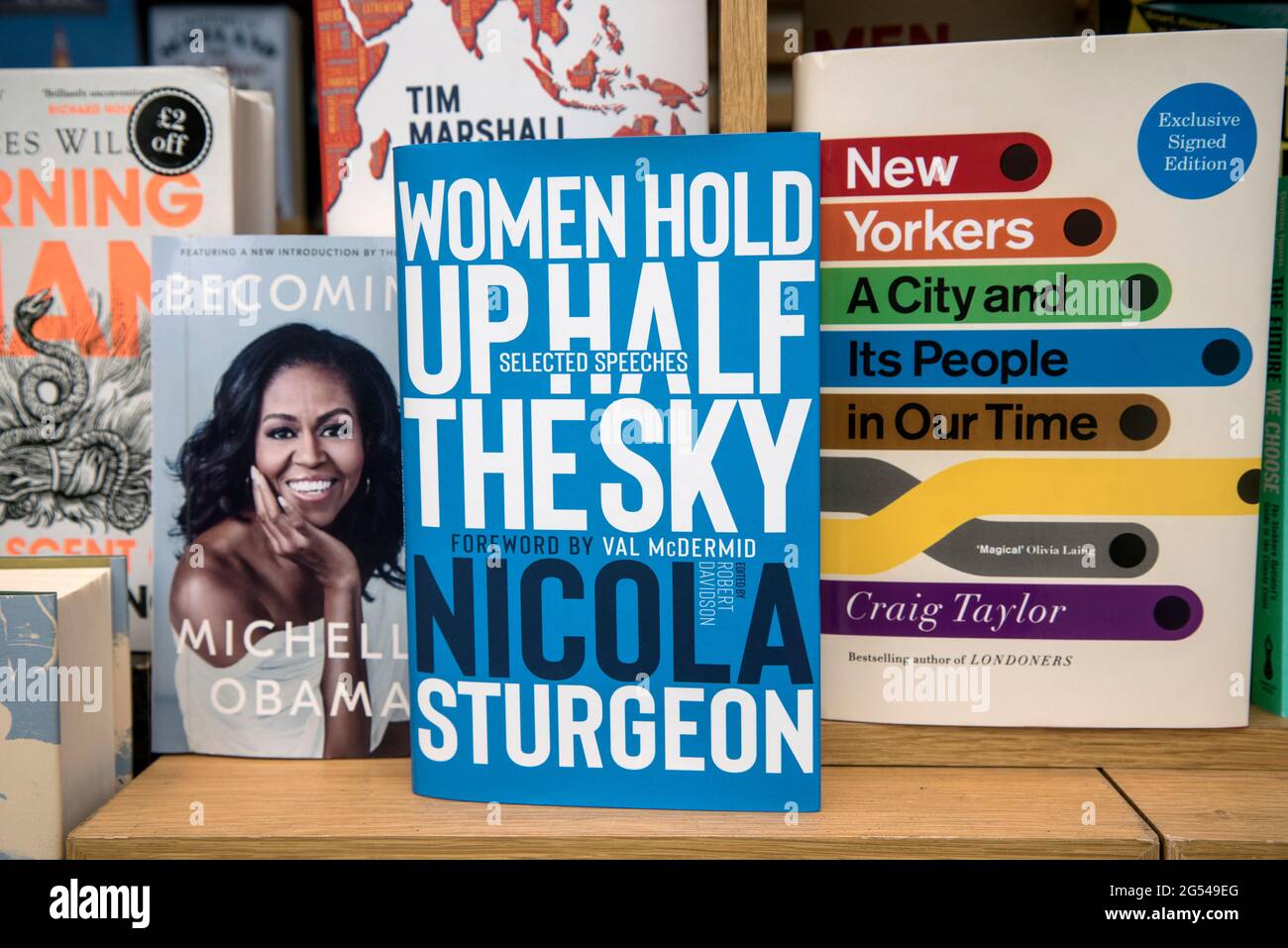 Copy of 'Women Hold Up The Sky' the selected speeches of Nicola Sturgeon in the window of a bookshop on Princes Street, Edinburgh, Scotland, UK. Stock Photo