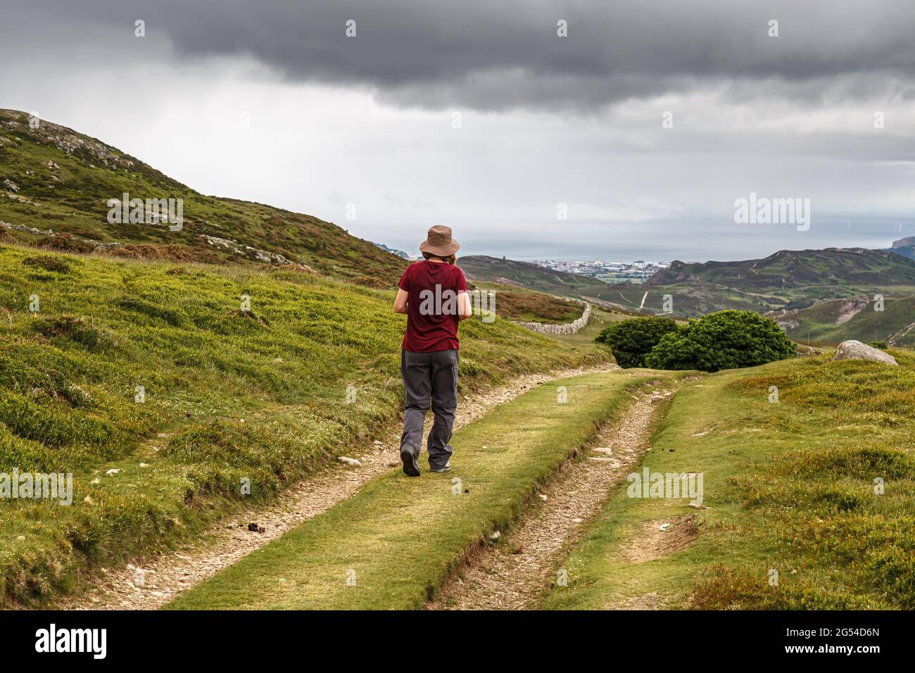 A single female on a ramble along the mountain track on the scenic Wales Coastal Path at Penmaenmawr, Cony, Wales Stock Photo