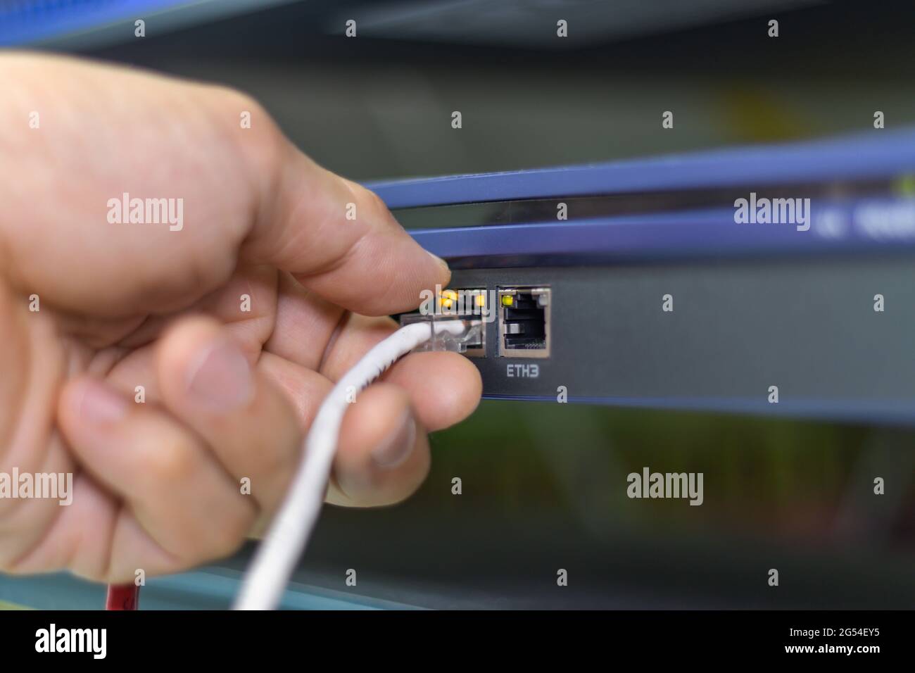 Hand of a man holding The network cables to connect the port of a ...