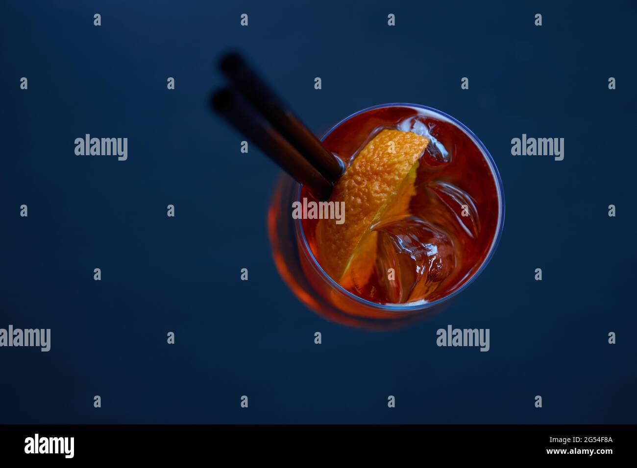 Top view of a cocktail on a dark blue background Stock Photo