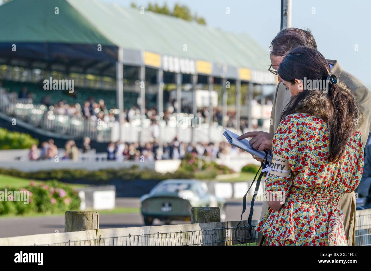 Male and female in vintage period costume studying the race program during racing at the Goodwood Revival 2011. Grandstand and classic racing car Stock Photo