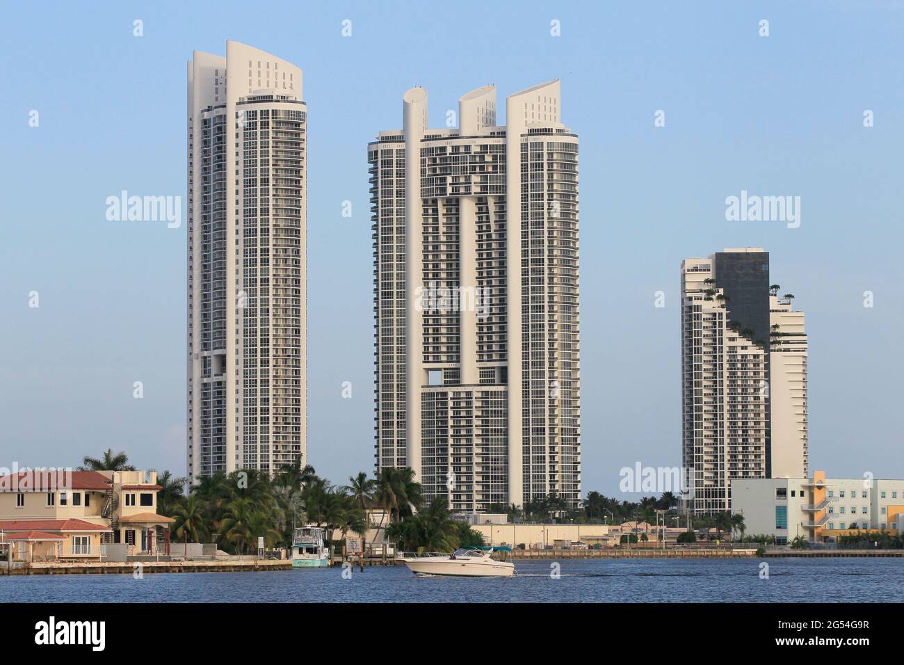 Sunny Isles, Miami.FL.USA. Resorts building and skyscraper, are seen in front of Sunny Isles waterway. Photo By: Jose Isaac Bula Stock Photo