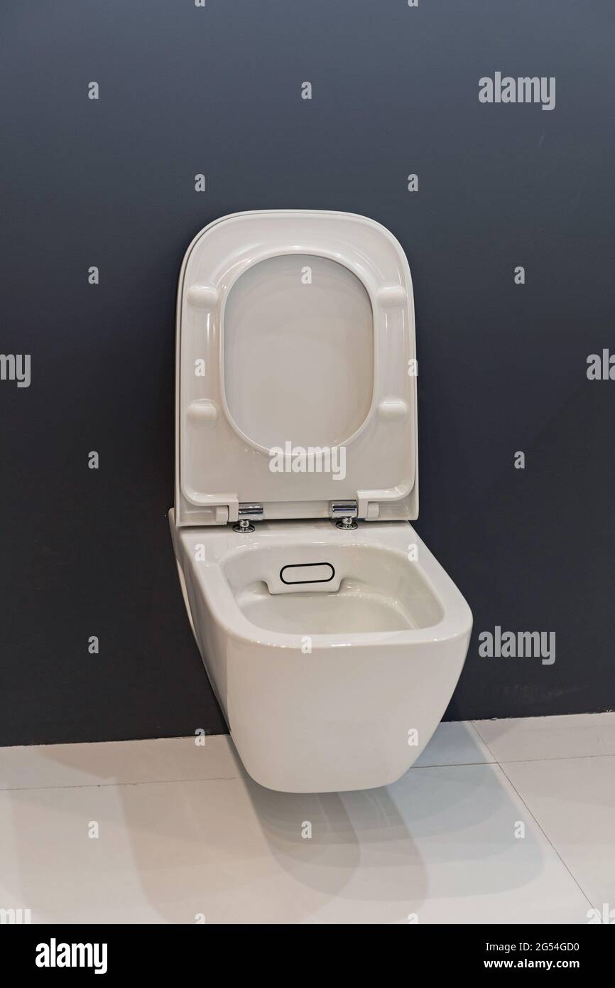 Open Toilet Seat in Clean Black Bathroom Stock Photo Alamy
