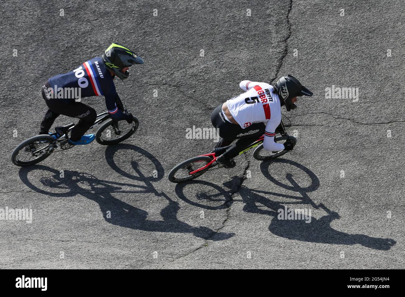 Kye Whyte Of Great Britain 5 And Romain Mahieu Of France 100 Compete In The Uci Bmx Supercross World Cup Round 1 At The Bmx Olympic Arena On May 8 Stock Photo Alamy