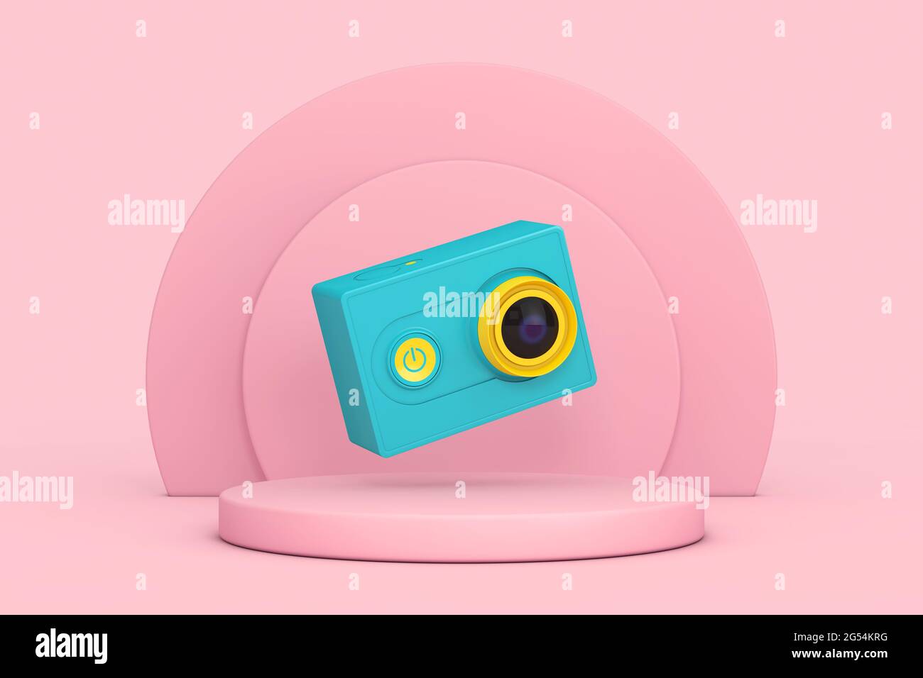 Small Ultra HD Blue and Yellow Action Camera over Pink Cylinders Products Stage Pedestal on a pink background. 3d Rendering Stock Photo