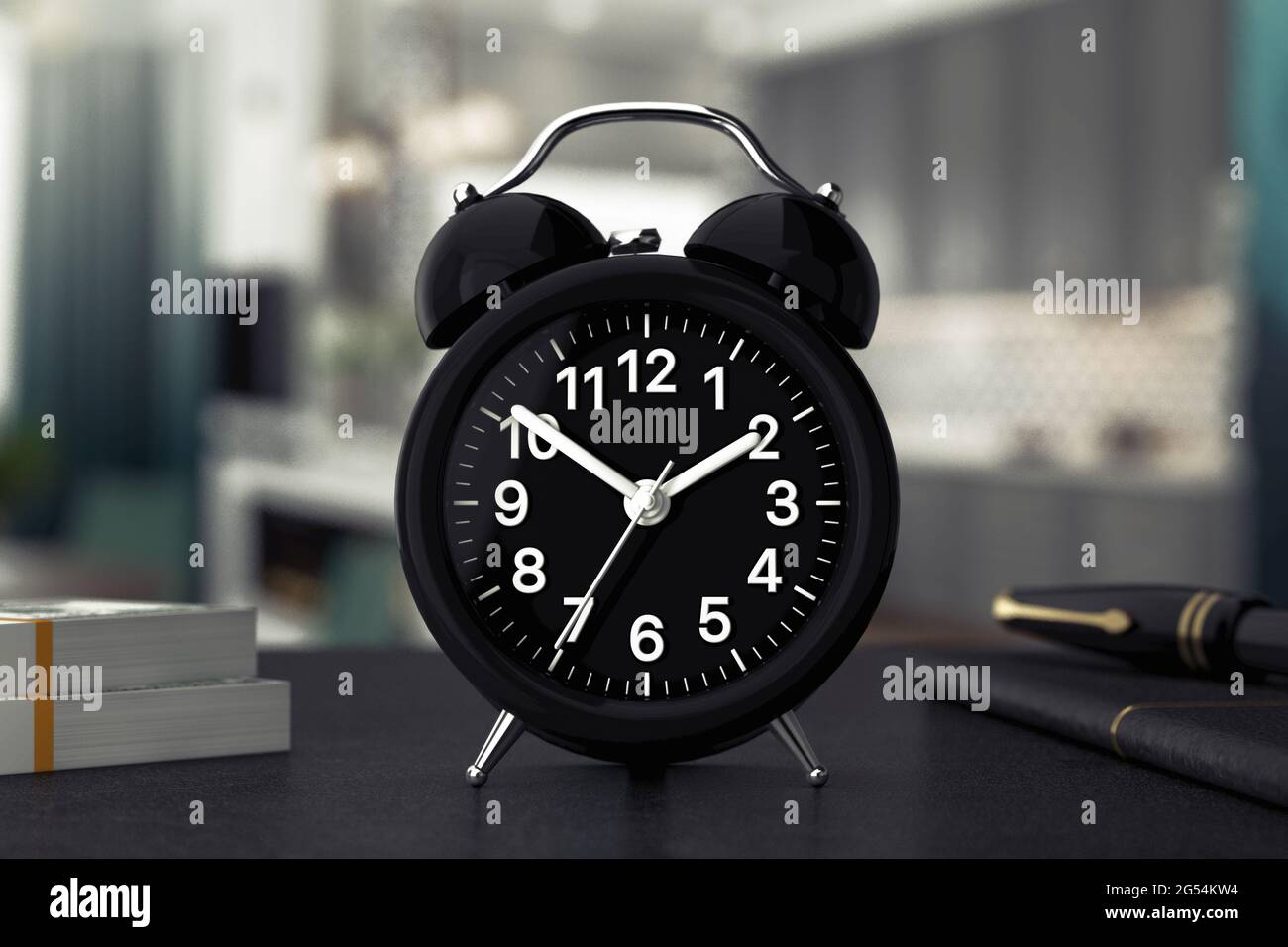 Black Luxury Classic Analog Alarm Clock on a Table extreme closeup. 3d