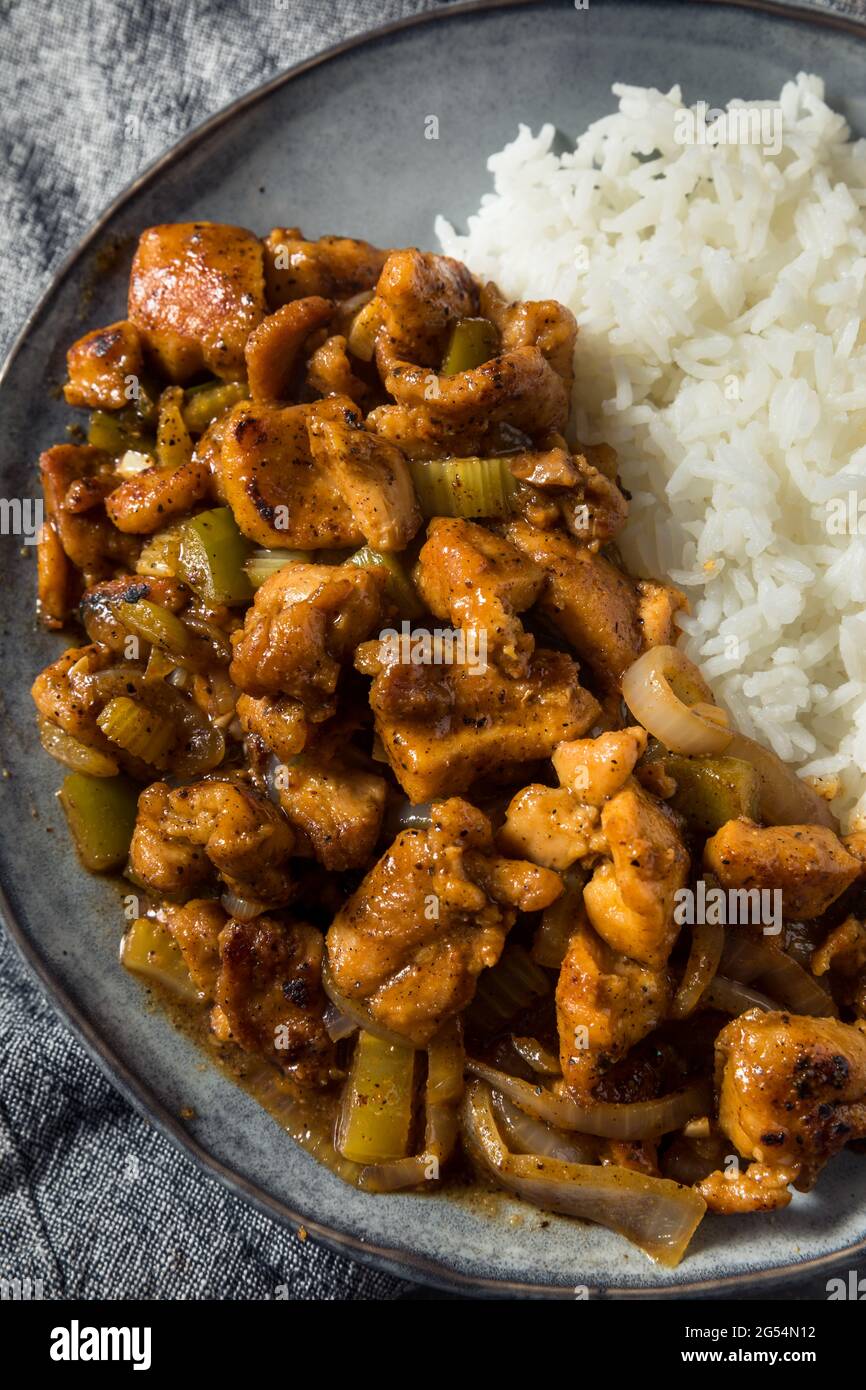 Homemade Asian Black Pepper Chicken with White Rice Stock Photo Alamy