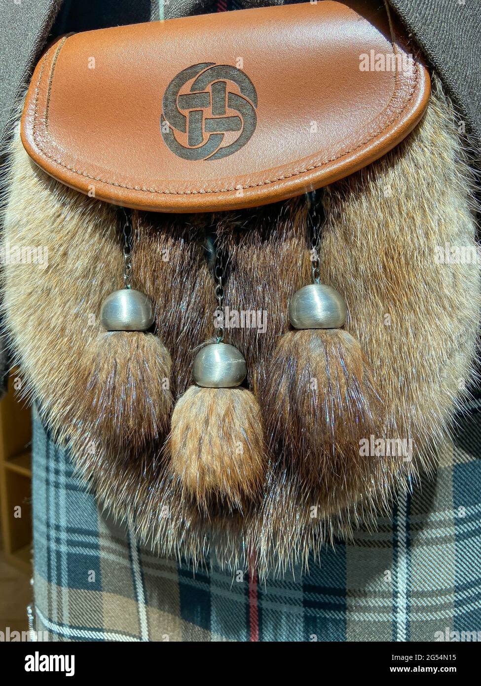 A fur and leather Sporran and Highland dress, Old Town, City of Edinburgh, Scotland, United Kingdom Stock Photo