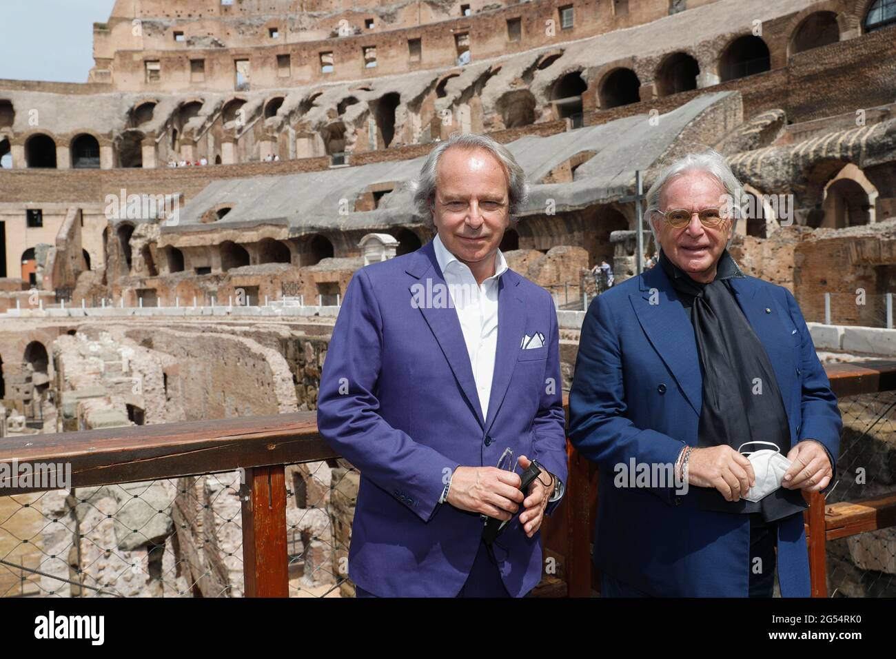 Italy, Rome, june 25, 2021 : Presentation of the restoration of the Colosseum hypogea, funded by the italian fashion group Tod's. (L-R) Andrea della Valle, vice president and CEO of Tod's group and Diego Della Valle, president of Tod's    Photo Remo Casilli/Sintesi/Alamy Live News Stock Photo