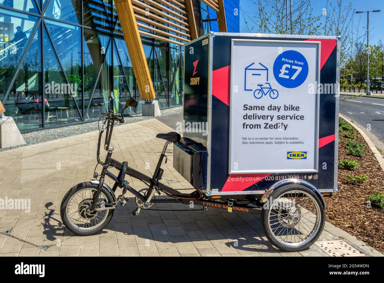 Zedify bike delivery service outside IKEA store on Greenwich Peninsula. Stock Photo