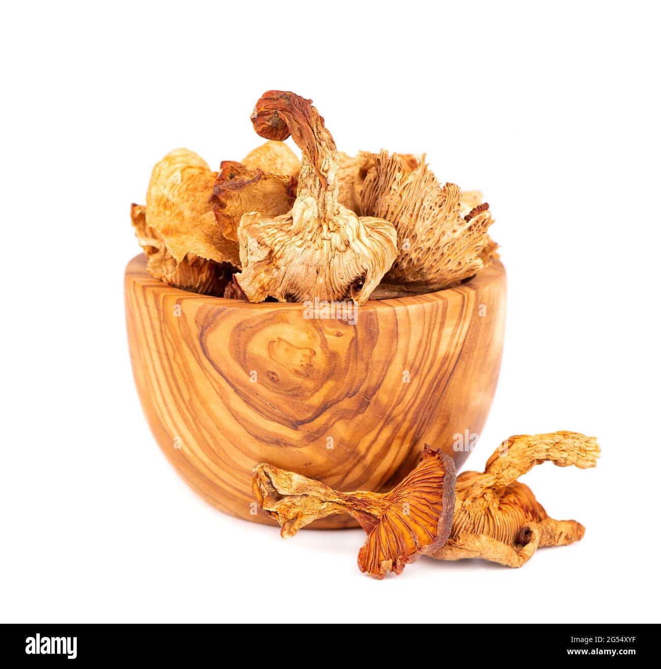 dried-chanterelle-mushrooms-in-olive-bowl-isolated-on-white-background