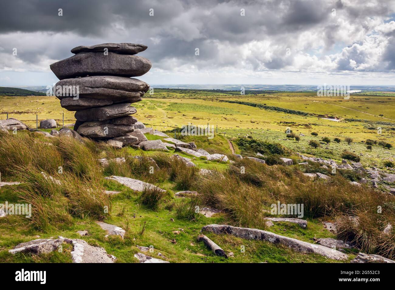 The iconic Cheesewring, an amazing balancing granite formation at Bodmin Moor, near the village of Minions in Cornwall. Stock Photo