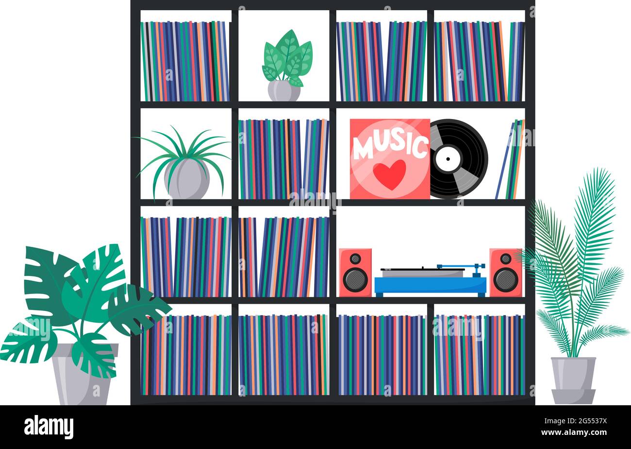 Vinyl collection on shelves with turntable and acoustic system. Stacks of music records in sleeves. Interior with home plants. Vector Stock Vector