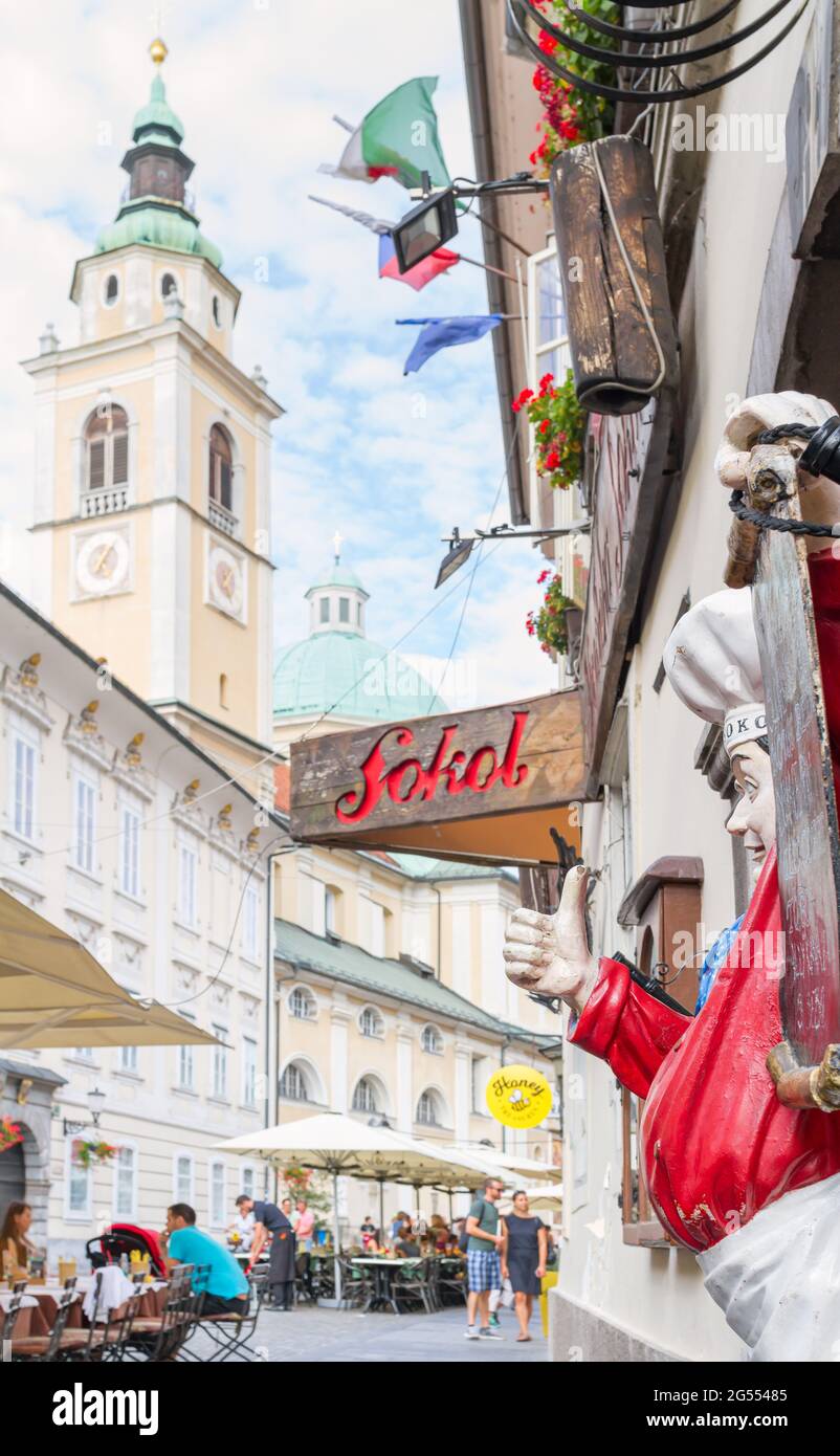Ljubljana, Slovenia - August 15, 2018: The Sokol is an old famous restaurant in downtown Ljubljana, in the Cathedral of St. Nicholas' surroundings Stock Photo