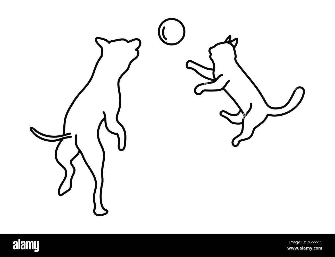 Cat and dog playing line drawing, pets animal illustration Stock Vector