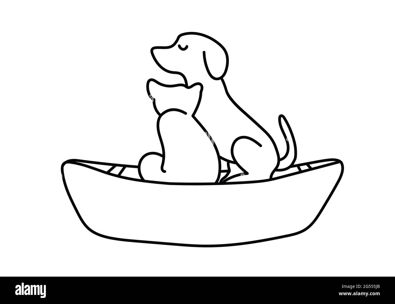 Cat and dog in boat line drawing, pets animal illustration Stock Vector