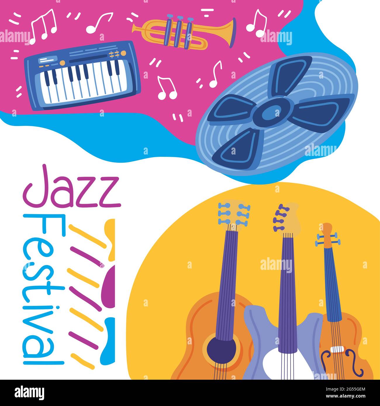 Jazz festival poster with guitars vinyl trumpet and piano Stock Vector