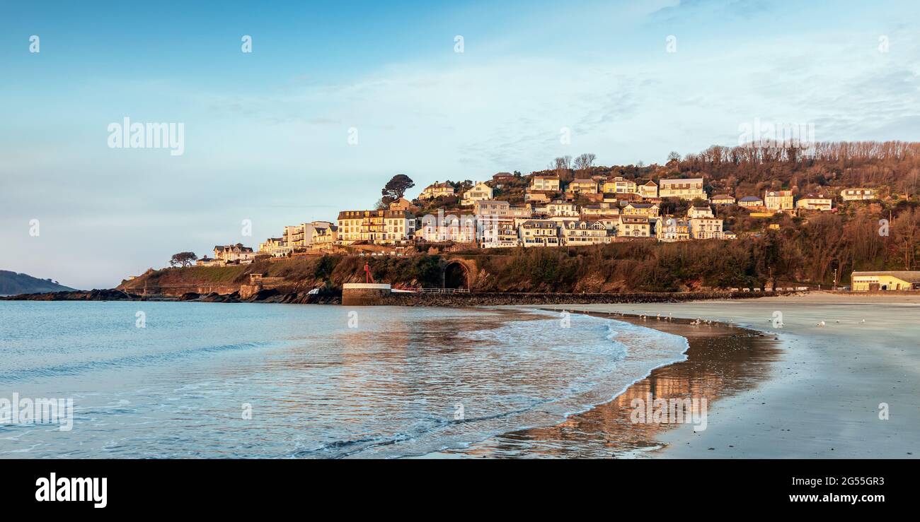 Early morning light at Looe beach in Cornwall. Stock Photo