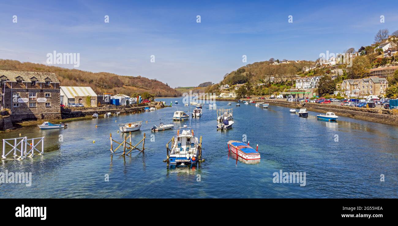 Taken from Looe Bridge looking north.The West Looe River bears off to the left while the East Looe River carries straight on towards Liskeard. Stock Photo
