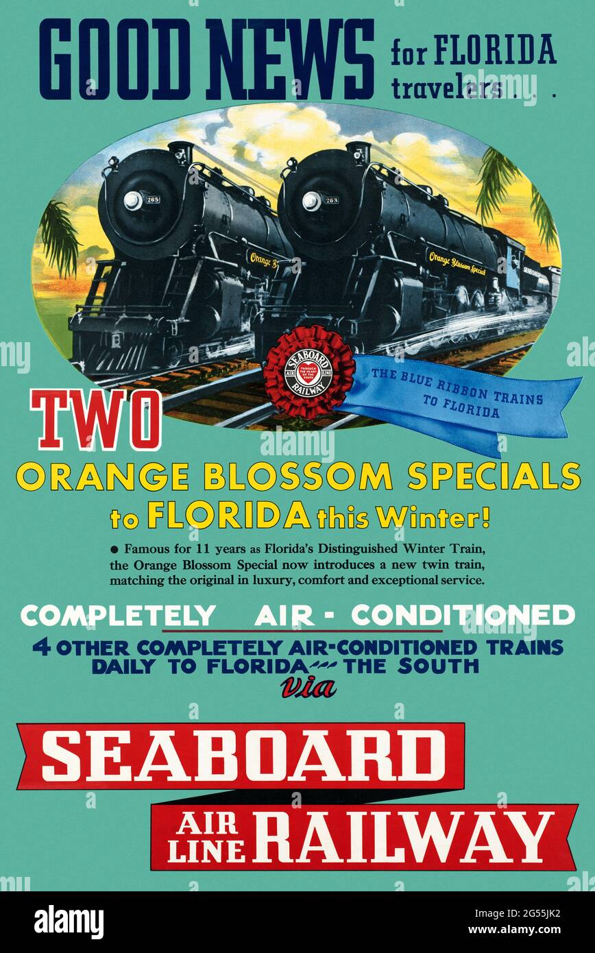 Good news for Florida travelers… Two orange blossom specials to Florida this winter! Restored vintage poster published around 1930 in the USA. Stock Photo