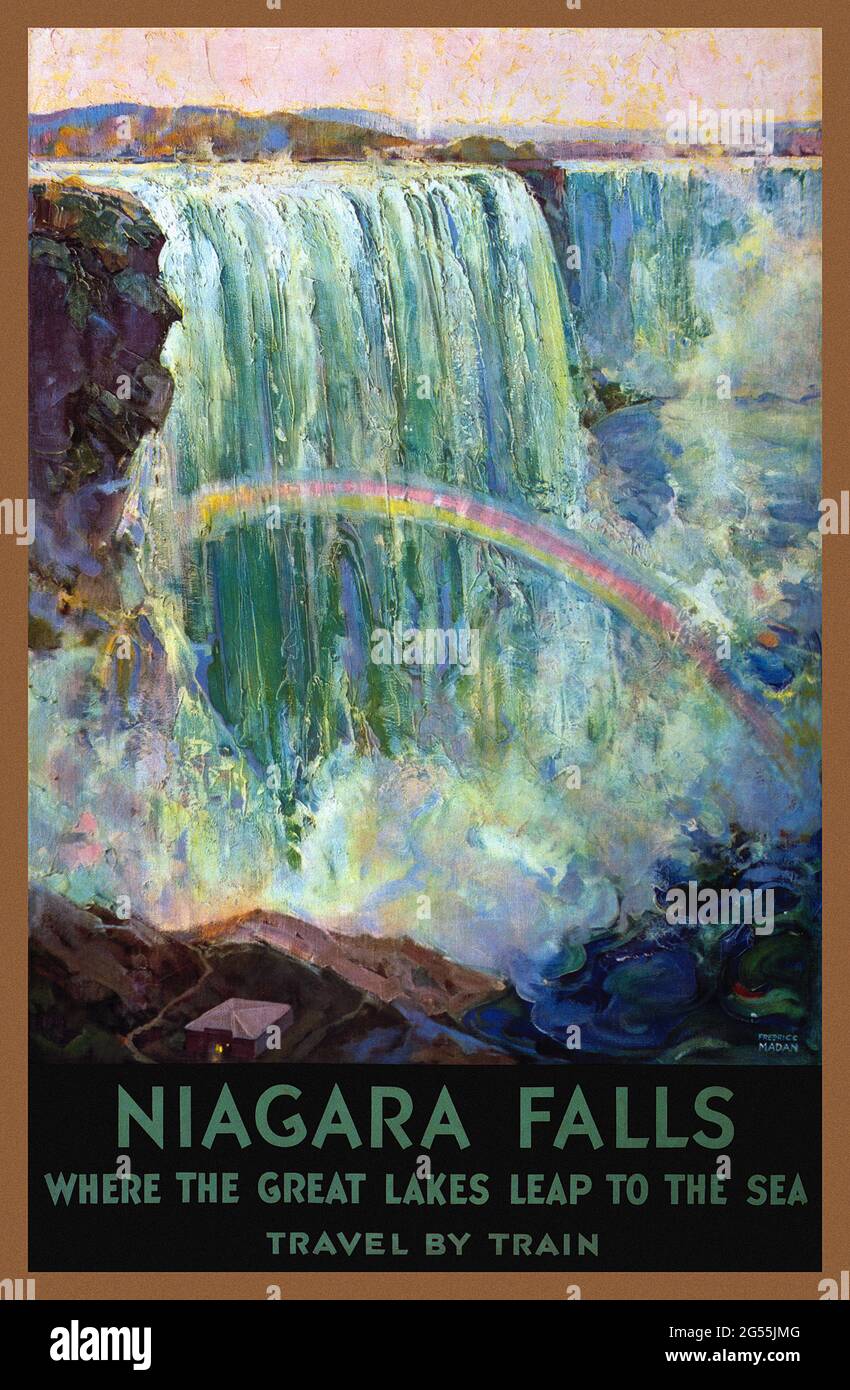 Niagara Falls. Where the Great Lakes Leap to the Sea. Travel by Train by Frederick C. Madan (1885-1972). Restored vintage poster published in 1924 in Canada. Stock Photo