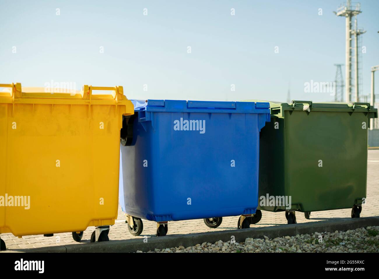 sorting the garbage waste, three color trash urns in the city ...