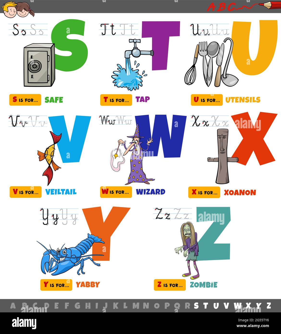 Cartoon illustration of capital letters alphabet educational set for reading and writing practice for elementary age children from S to Z Stock Vector