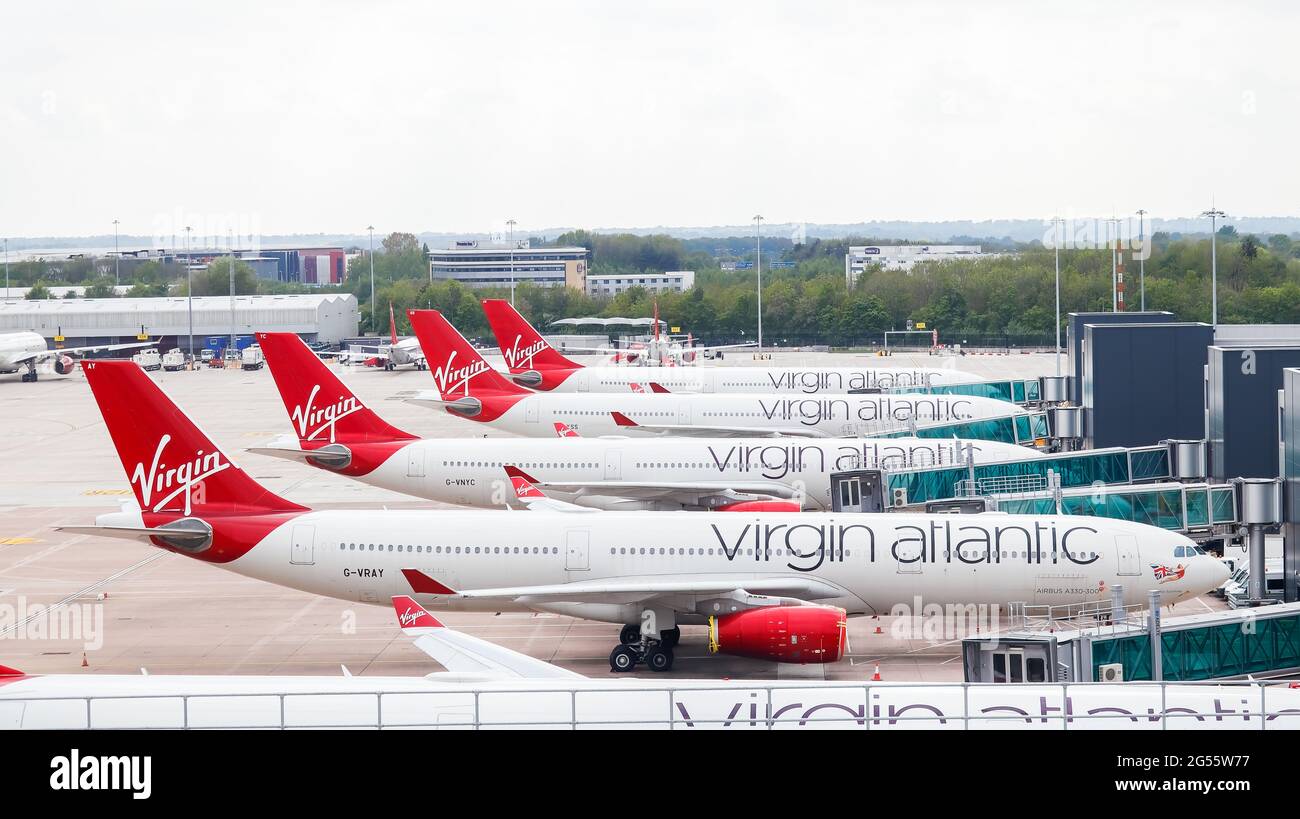 Virgin Atlantic Airbus 330 fleet at Manchester Airport Terminal 2. Stock Photo