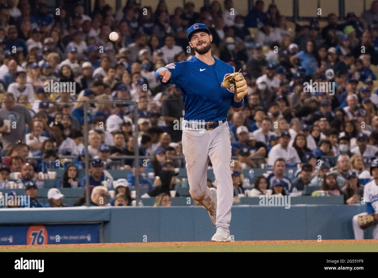 Chicago Cubs third baseman Kris Bryant (17) throws to first base for an out  during a MLB game against the Los Angeles Dodgers, Thursday, June 24, 2021  Stock Photo - Alamy
