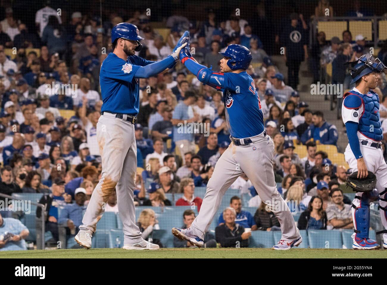 Chicago Cubs third baseman Kris Bryant (17) celebrates with catcher Willson Contreras (40) after his home run during a MLB game against the Los Angele Stock Photo