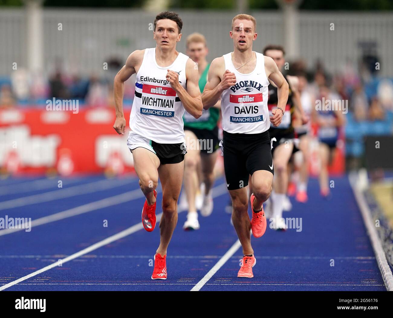 Jake Wightman and Archie Davis during the 1st heat of the 1500m during day  one of the Muller British Athletics Championships at Manchester Regional  Arena. Picture date: Friday June 25, 2021 Stock, image size:1300x1051