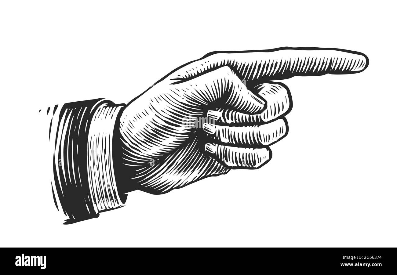 Hand with pointing finger. Illustration drawn in vintage engraving style Stock Vector
