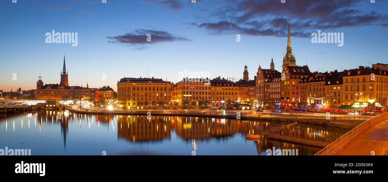 Stockholm city at night, Sweden. Panorama of the Old Town Stock Photo