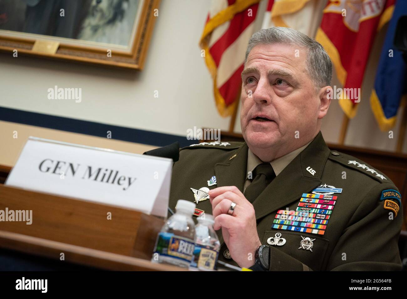 U.S. Army Gen. Mark A. Milley, chairman of the Joint Chiefs of Staff, testifies in Congress during a House Armed Services Committee budget hearing on Capitol Hill June 23, 2021 in Washington, D.C. Milley drew Republican ire after speaking in support of critical race theory. Stock Photo