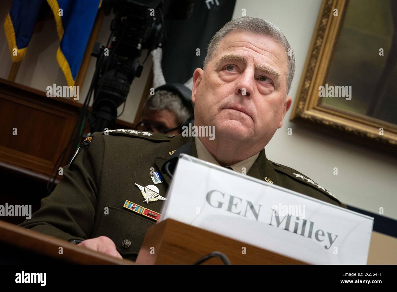 U.S. Army Gen. Mark A. Milley, chairman of the Joint Chiefs of Staff, testifies in Congress during a House Armed Services Committee budget hearing on Capitol Hill June 23, 2021 in Washington, D.C. Milley drew Republican ire after speaking in support of critical race theory. Stock Photo