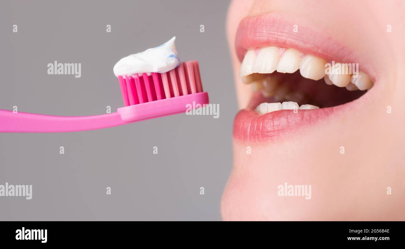 Dental Care. Woman with toothbrush closeup. Dental health Stock Photo ...
