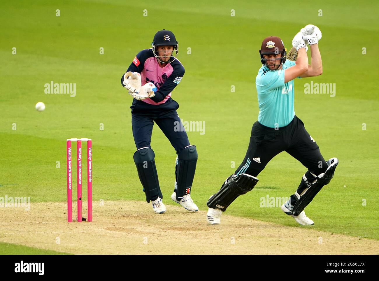 Surrey's Will Jacks in action during the Vitality Blast T20 match at the Kia Oval, London. Picture date: Friday June 25, 2021. Stock Photo