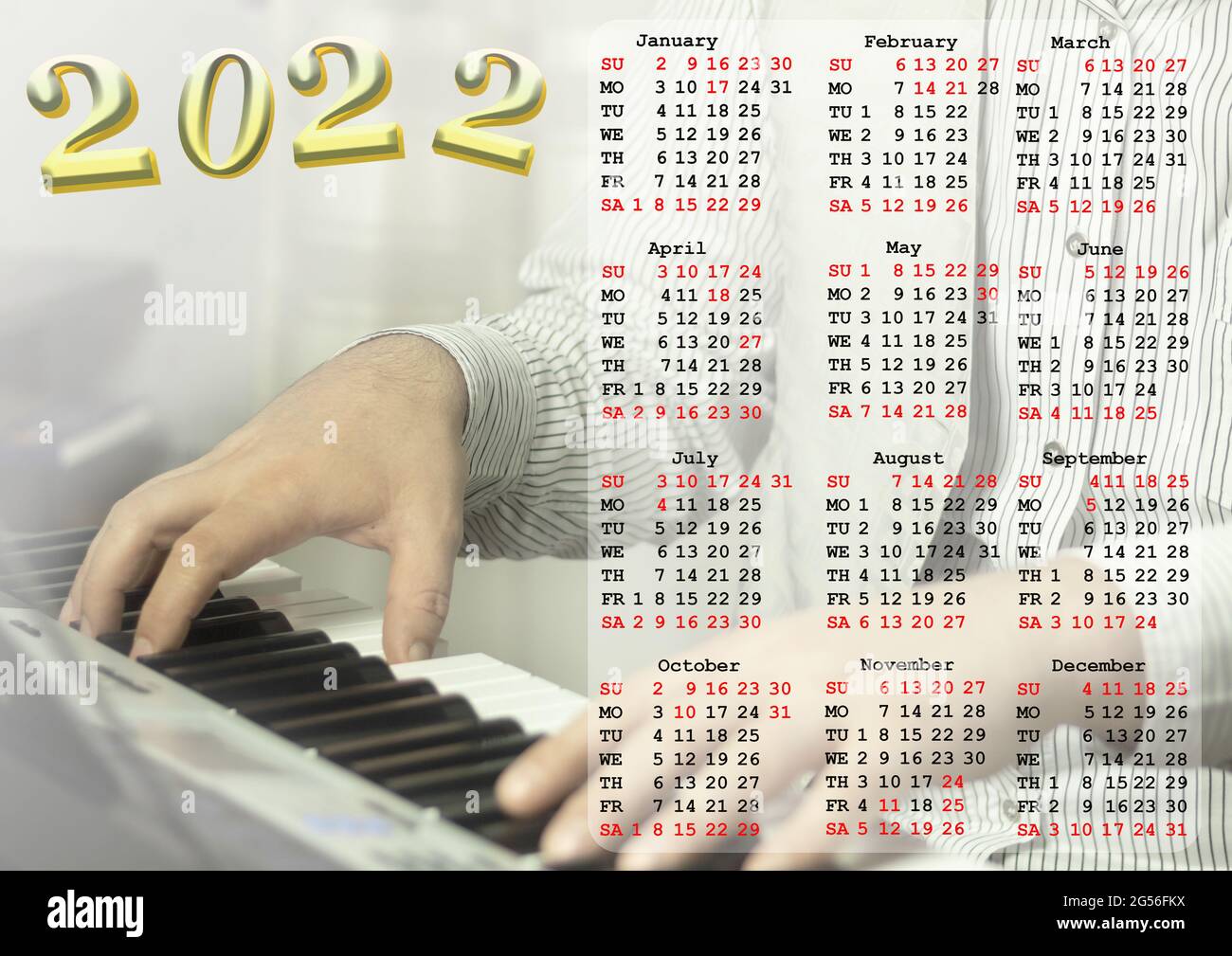 Calendar for 2022, musician hands and keys. Wall poster. Calendar for