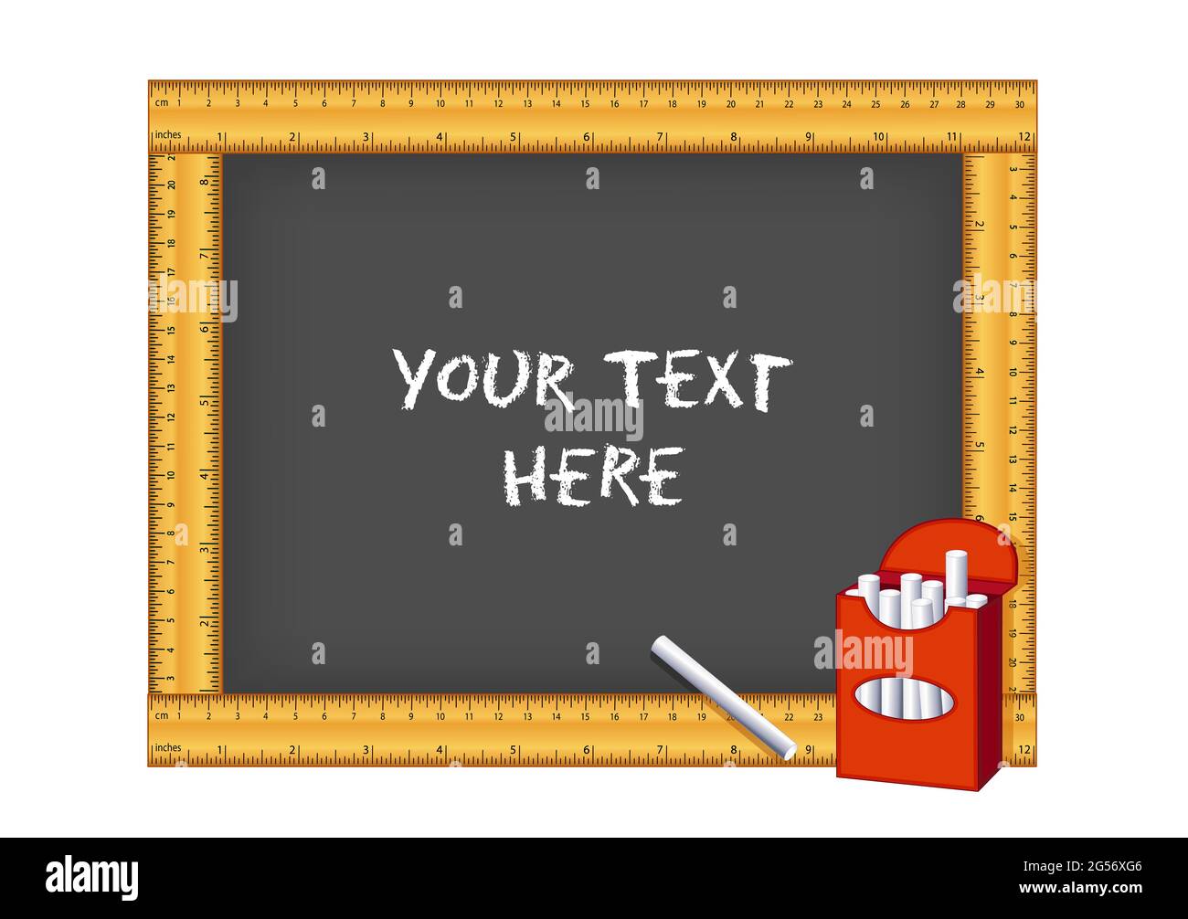 Chalkboard, wood ruler frame, metric and inches, box of chalk, blackboard with copy space for